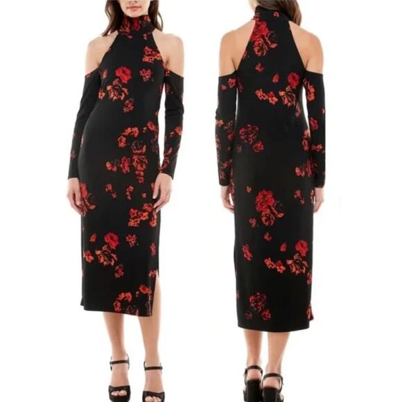 WAYF Twin Flame Long Sleeve Cold Shoulder Jersey Knit Dress In Red Roses - Picture 1 of 12